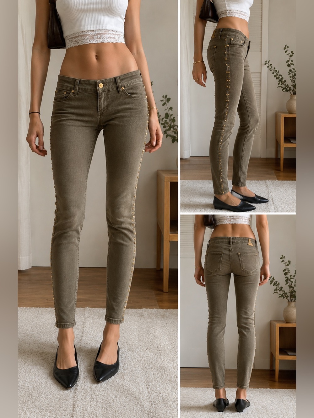 H&M Olive green low-rise Skinny Jeans with gold studs on sides,
